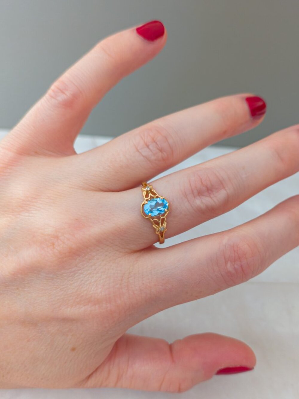 14k Gold Oval Blue Topaz Ring with Diamond Accents - Picture 9 of 16